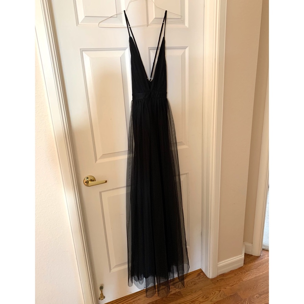 Long Tulle Formal Prom Dress with Low V-Neck
